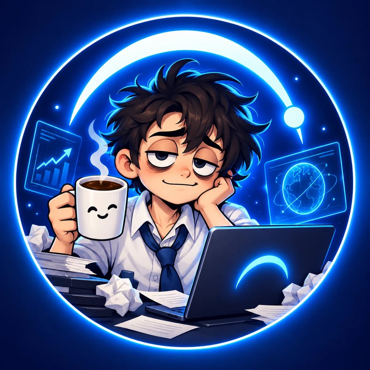 Tired Arc intern holding coffee behind a laptop